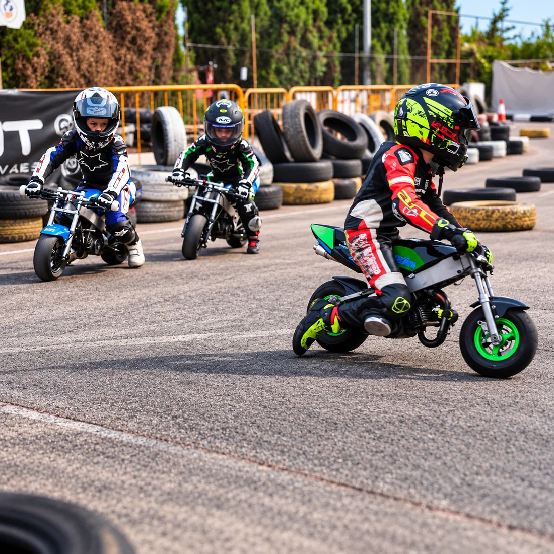 Tres jóvenes pilotos compiten con minibikes en un circuito delimitado