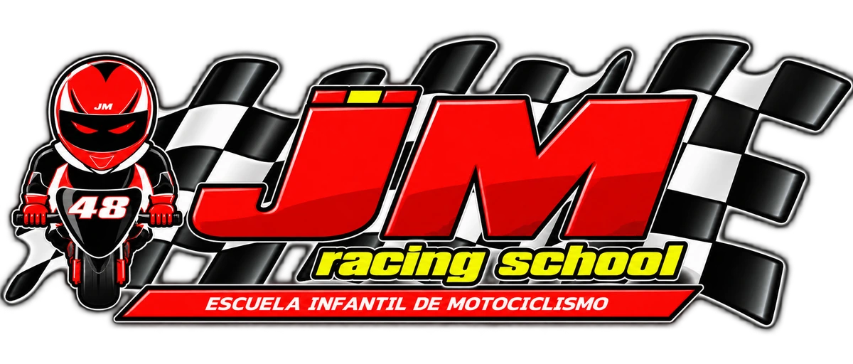 Logo JMRacing School con piloto infantil y bandera a cuadros